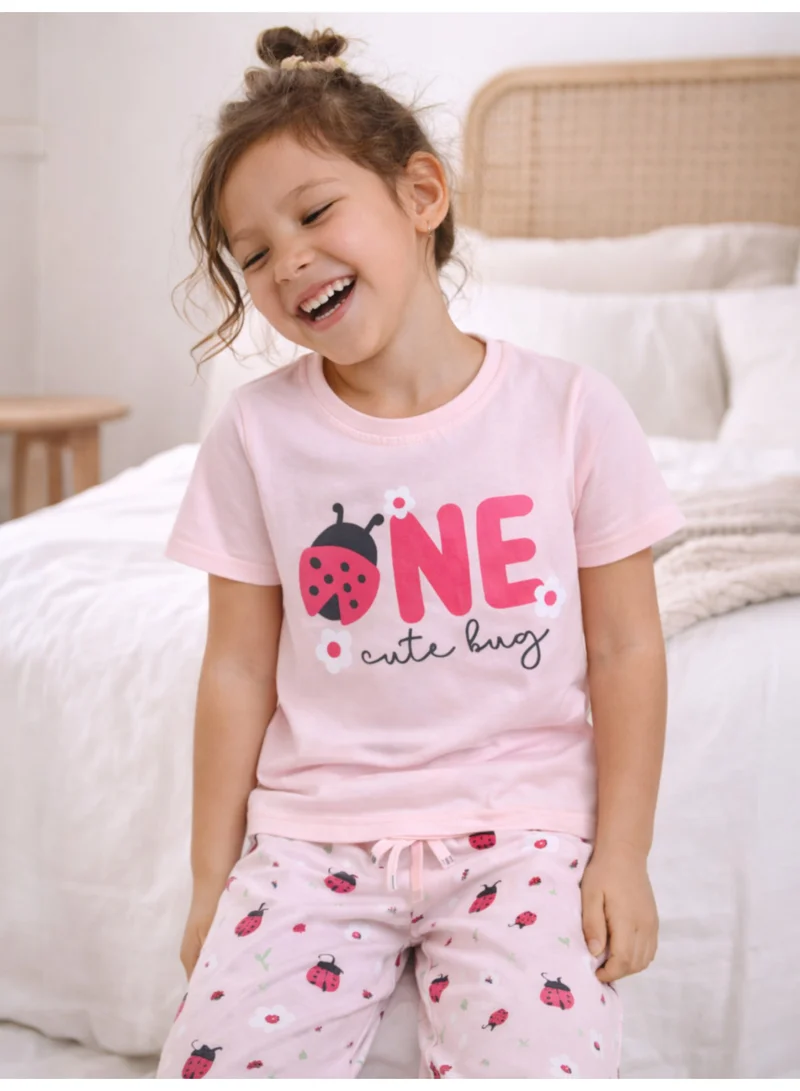 فكتور اند جين Girls Ladybug “ONE” Print Cotton Pajama Set – T-Shirt & Full Pants Nightwear